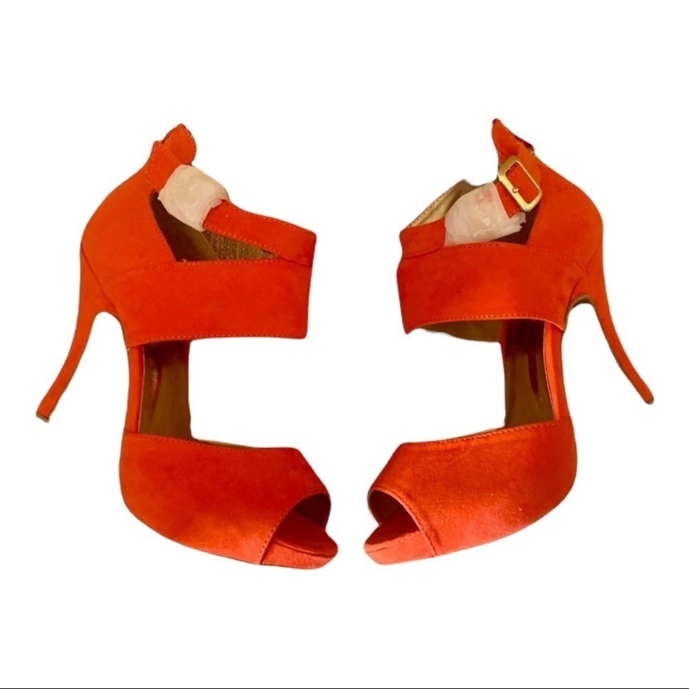 Qupid Orange Faux Suede Ankle Cuff Cutout Peep-Toe 4.5”High Heel Stiletto Sandal
